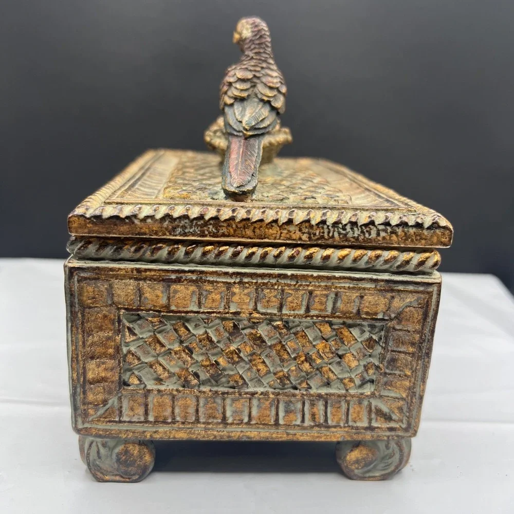 Vintage Parrot Jewelry Box Heavy Resin Footed Trinket Chest Gold Verdigris